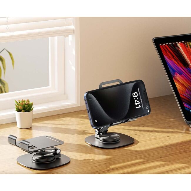 Suport pentru telefon cu rotire 360°, pliabil, unghi reglabil, universal, design elegant și funcționalitate maximă, metalic, negru