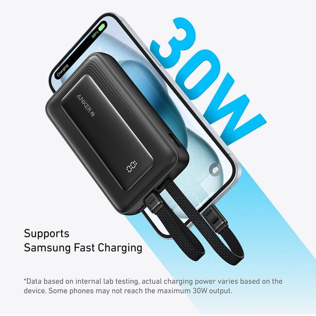 Acumulator extern Anker PowerCore 20.000 mAh, 30W, USB-C, USB-A, cablu USB-C+Lightning, Negru