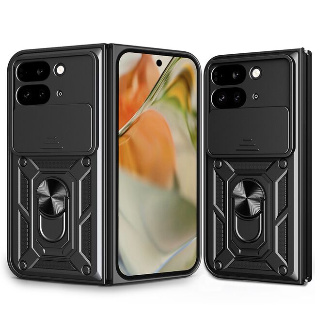 Husa pentru  Google Pixel 9 Pro Fold Ring Armor Kickstand Tough Rugged Cover cu protectie camera, negru