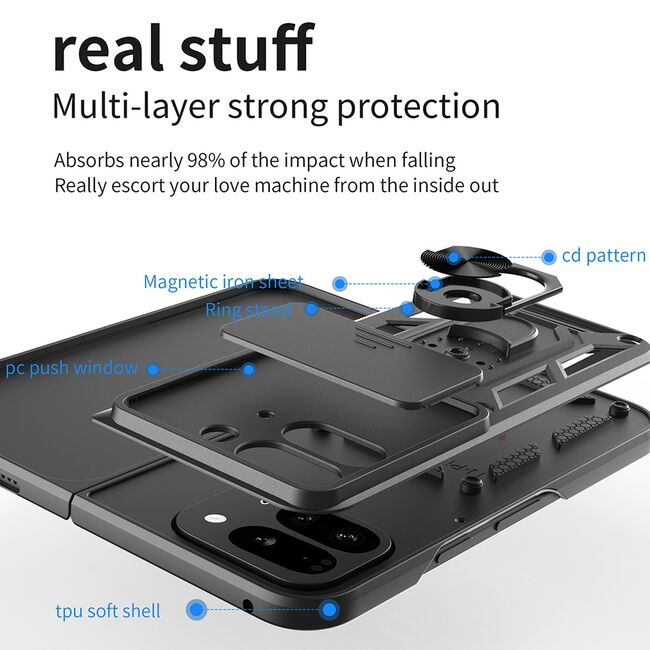 Husa pentru  Google Pixel 9 Pro Fold Ring Armor Kickstand Tough Rugged Cover cu protectie camera, negru