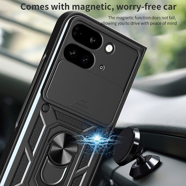 Husa pentru  Google Pixel 9 Pro Fold Ring Armor Kickstand Tough Rugged Cover cu protectie camera, negru