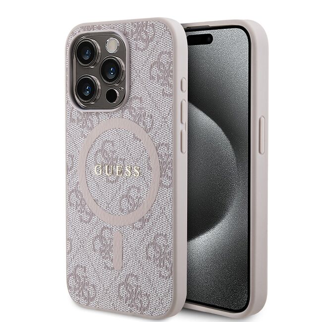 Husa pentru  iPhone 15 Pro Guess - 4G Collection Leather MagSafe - roz