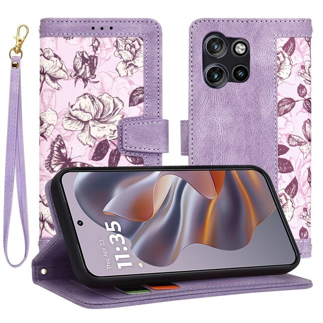 Husa tip carte pentru  Motorola Edge 50 Neo, functie stand si port carduri, mov