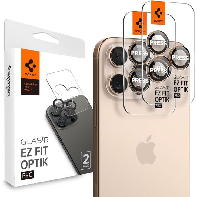 [Pachet 2x] Folie sticla camera iPhone 16 Pro Spigen Glas.tR Optik EZ Fit Pro, bej