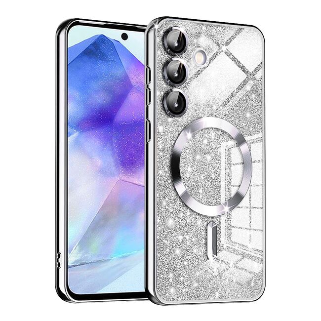 Husa pentru  Samsung Galaxy A55 cu MagSafe Sparkle Glare Detachable Layer, cu protectie lentile - argintiu