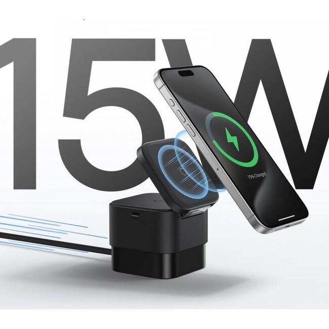 Statie de incarcare 2-in-1 Magnetic Wireless Charger cu MagSafe Baseus Cube Shape, MagSafe, Qi, Type-C, 25W, negru