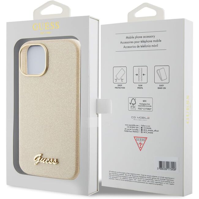 Husa pentru  iPhone 15 Guess - Glitter Fixed - bej