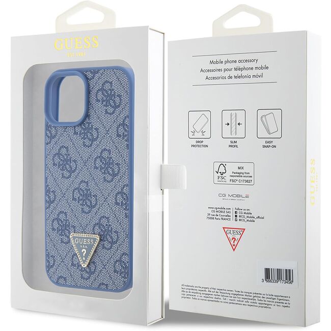 Husa pentru  iPhone 15 Guess - Leather 4G Triangle Strass - albastru