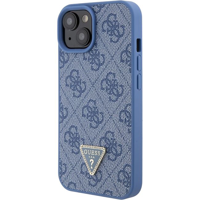 Husa pentru  iPhone 15 Guess - Leather 4G Triangle Strass - albastru