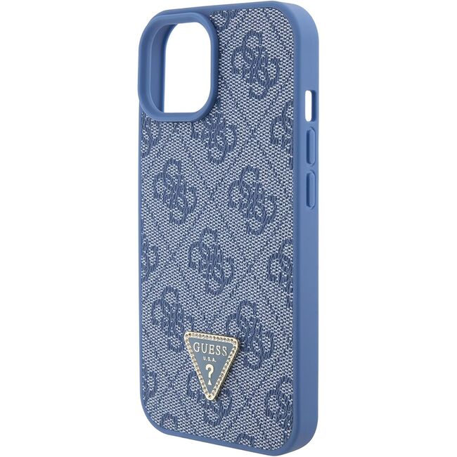 Husa pentru  iPhone 15 Guess - Leather 4G Triangle Strass - albastru