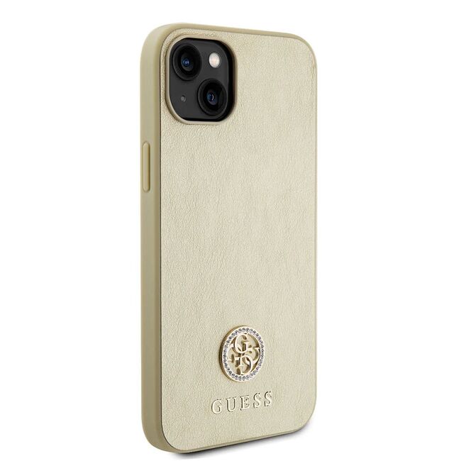 Husa pentru  iPhone 15 Guess - Leather 4G Triangle Strass - auriu