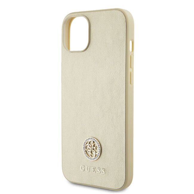 Husa pentru  iPhone 15 Guess - Leather 4G Triangle Strass - auriu