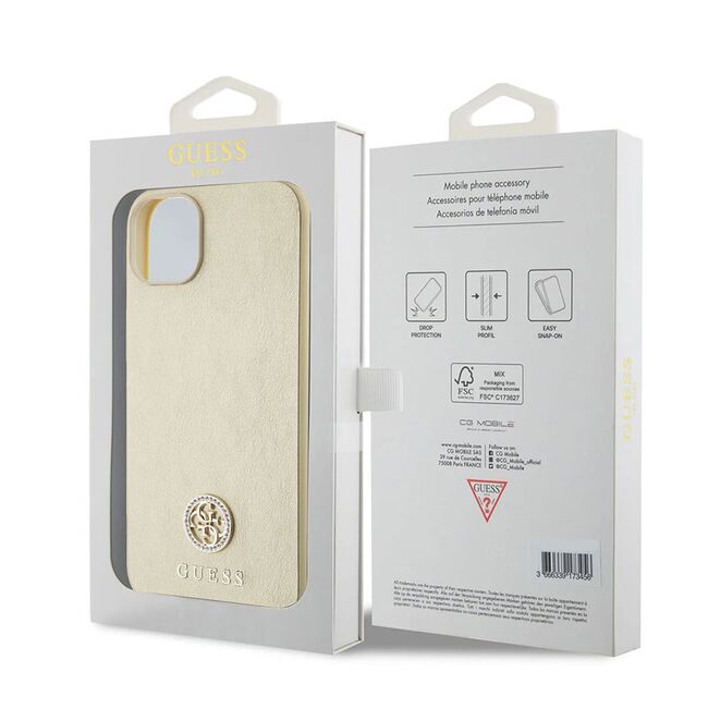 Husa pentru  iPhone 15 Guess - Leather 4G Triangle Strass - auriu