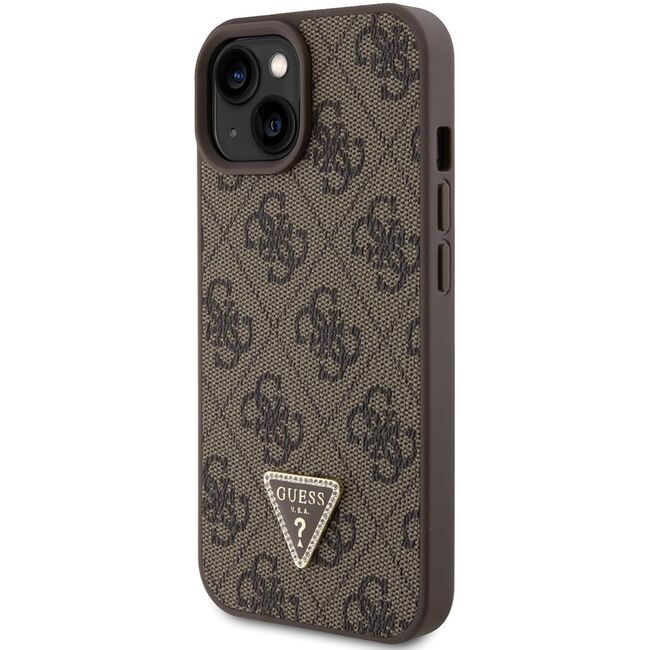 Husa pentru  iPhone 15 Guess - Leather 4G Triangle Strass - maro