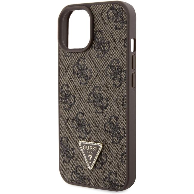 Husa pentru  iPhone 15 Guess - Leather 4G Triangle Strass - maro