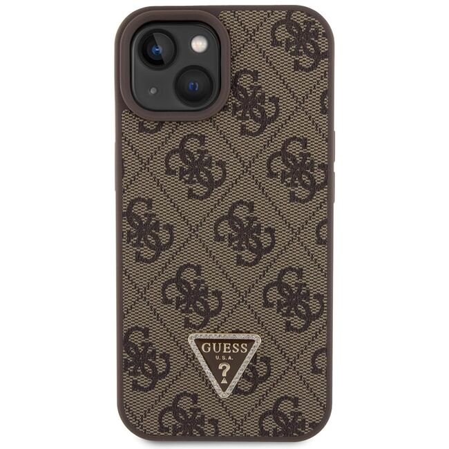 Husa pentru  iPhone 15 Guess - Leather 4G Triangle Strass - maro