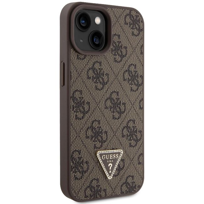 Husa pentru  iPhone 15 Guess - Leather 4G Triangle Strass - maro