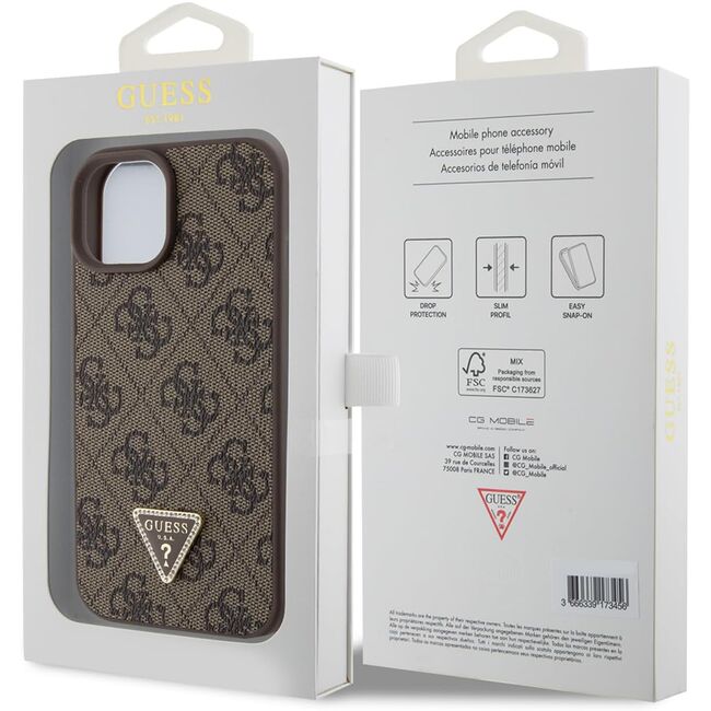 Husa pentru  iPhone 15 Guess - Leather 4G Triangle Strass - maro