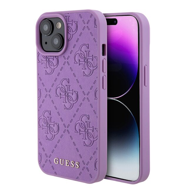 Husa pentru  iPhone 15 Guess - Leather 4G Triangle Strass - mov