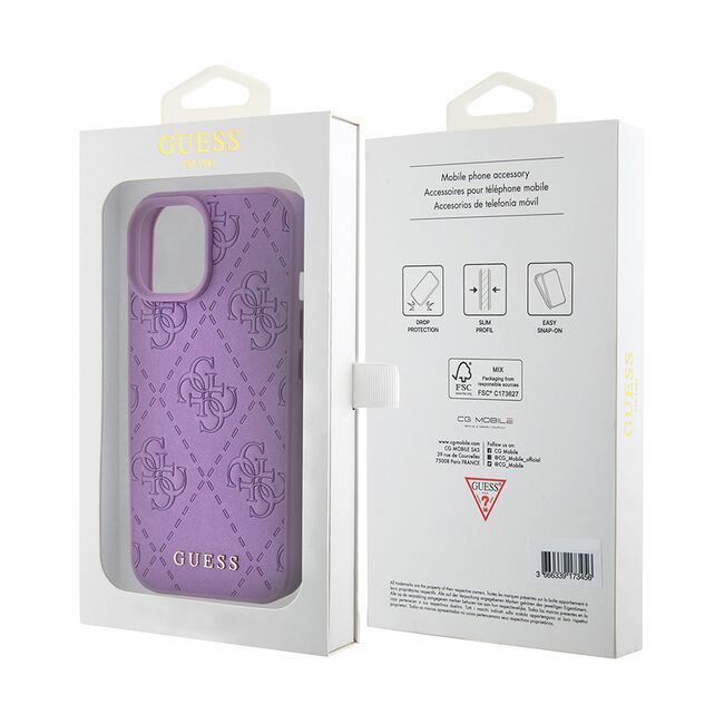 Husa pentru  iPhone 15 Guess - Leather 4G Triangle Strass - mov