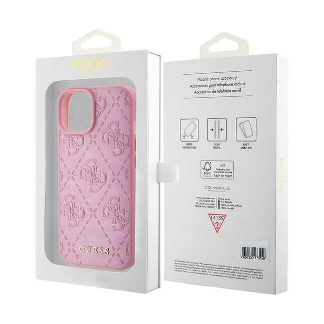 Husa pentru  iPhone 15 Guess - Leather 4G Triangle Strass - roz
