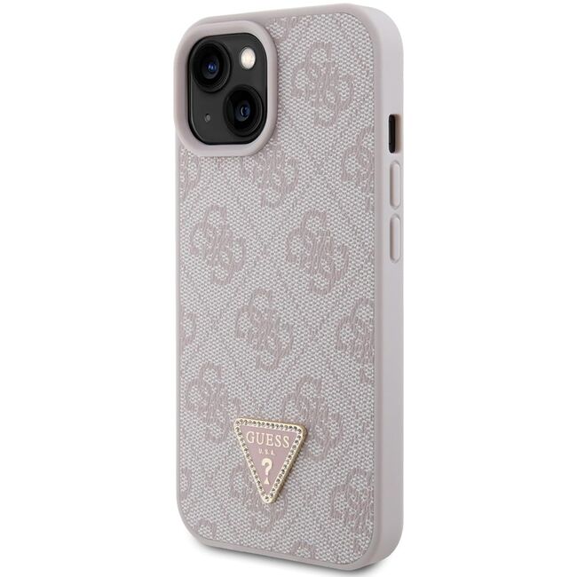 Husa pentru  iPhone 15 Guess - Leather 4G Triangle Strass - roz