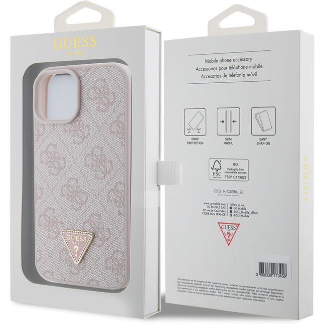 Husa pentru  iPhone 15 Guess - Leather 4G Triangle Strass - roz