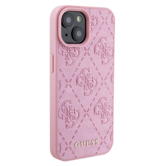 Husa pentru  iPhone 15 Guess - Leather 4G Triangle Strass - roz