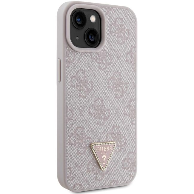 Husa pentru  iPhone 15 Guess - Leather 4G Triangle Strass - roz