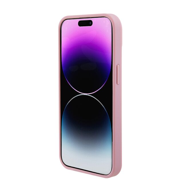 Husa pentru  iPhone 15 Guess - Leather 4G Triangle Strass - roz