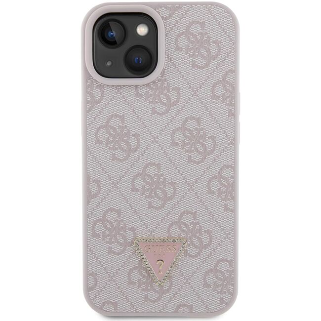Husa pentru  iPhone 15 Guess - Leather 4G Triangle Strass - roz