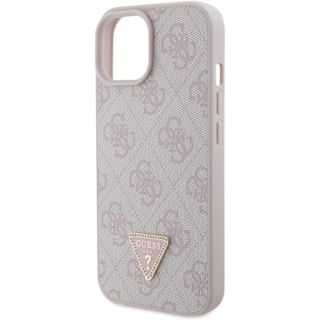 Husa pentru  iPhone 15 Guess - Leather 4G Triangle Strass - roz