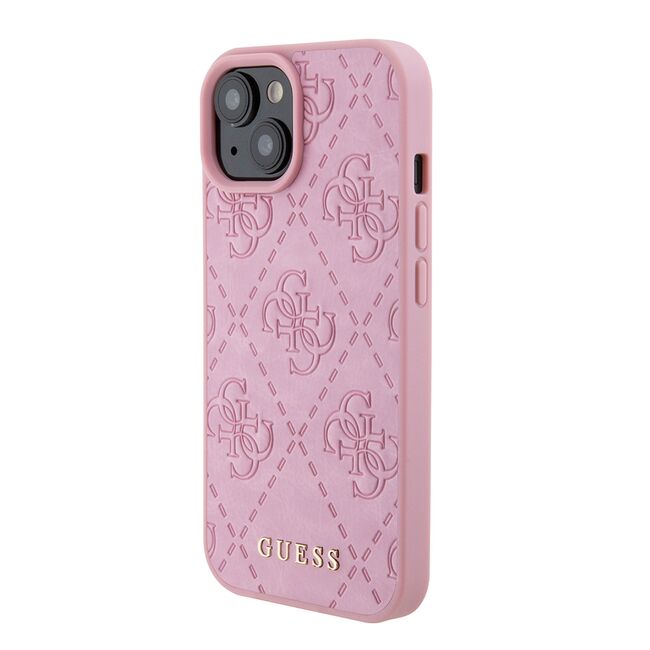 Husa pentru  iPhone 15 Guess - Leather 4G Triangle Strass - roz