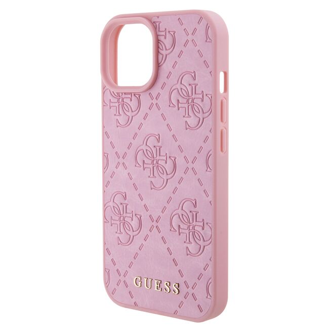 Husa pentru  iPhone 15 Guess - Leather 4G Triangle Strass - roz
