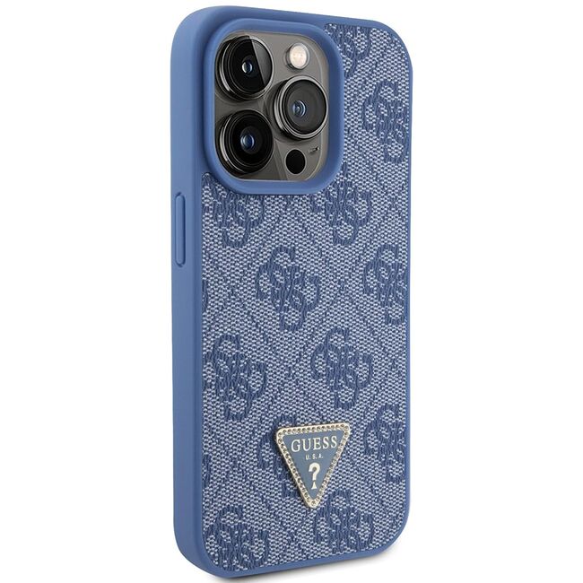 Husa pentru  iPhone 15 Pro Guess - Leather 4G Triangle Strass - albastru