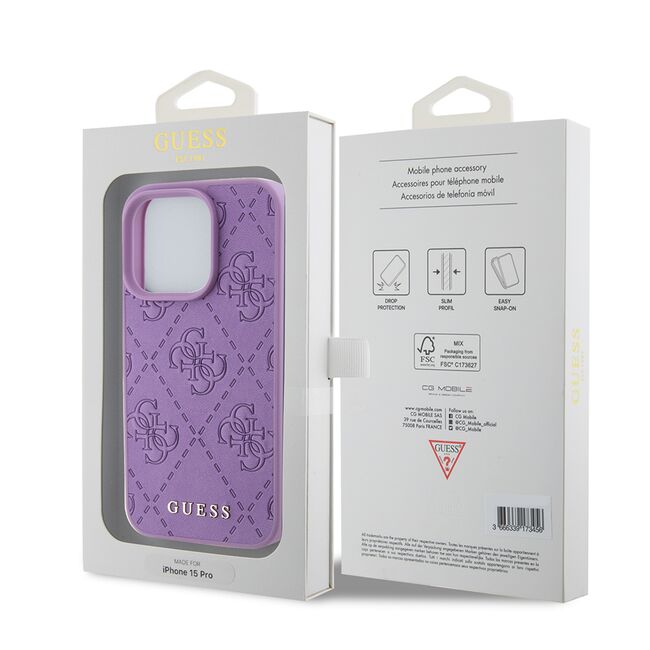 Husa pentru  iPhone 15 Pro Guess - Leather 4G Triangle Strass - mov
