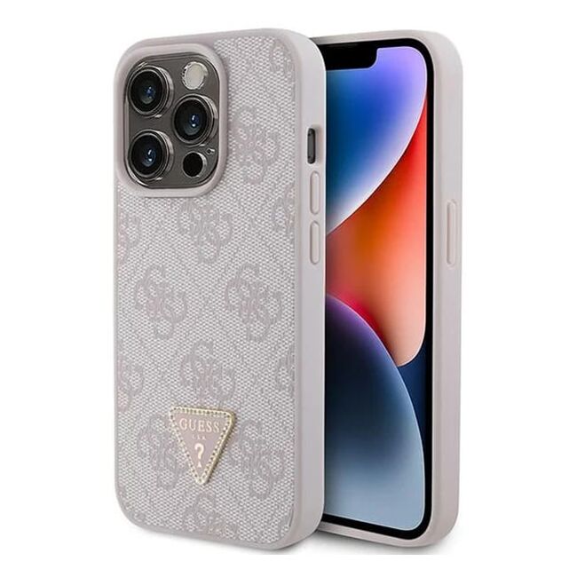 Husa pentru  iPhone 15 Pro Guess - Leather 4G Triangle Strass - roz