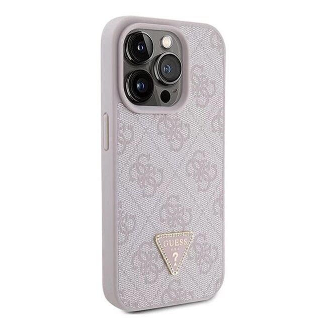 Husa pentru  iPhone 15 Pro Guess - Leather 4G Triangle Strass - roz