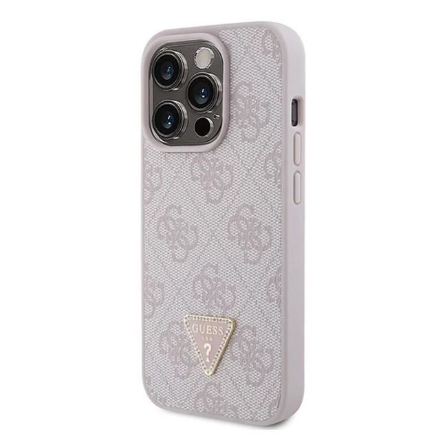 Husa pentru  iPhone 15 Pro Guess - Leather 4G Triangle Strass - roz