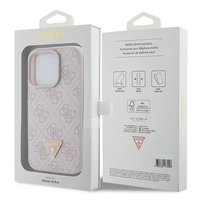 Husa pentru  iPhone 15 Pro Guess - Leather 4G Triangle Strass - roz