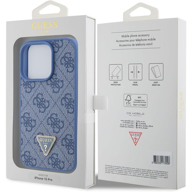 Husa pentru  iPhone 15 Pro Max Guess - Leather 4G Triangle Strass - albastru