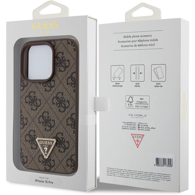 Husa pentru  iPhone 15 Pro Max Guess - Leather 4G Triangle Strass - maro