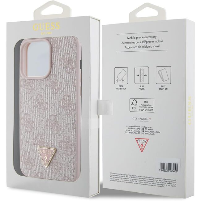Husa pentru  iPhone 15 Pro Max Guess - Leather 4G Triangle Strass - roz