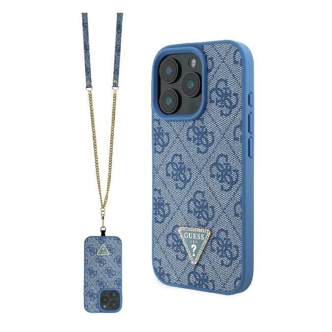 Husa pentru  iPhone 16 Guess - Leather Metal Logo Strass Crossbody - albastru