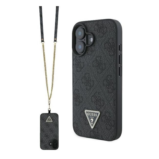 Husa pentru  iPhone 16 Guess - Leather Metal Logo Strass Crossbody - negru