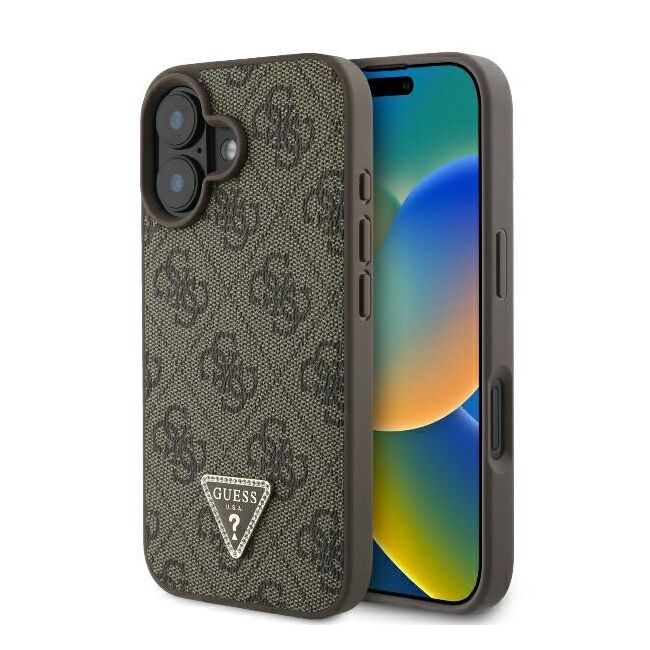 Husa pentru  iPhone 16 Plus Guess - Leather 4G Triangle Strass - maro