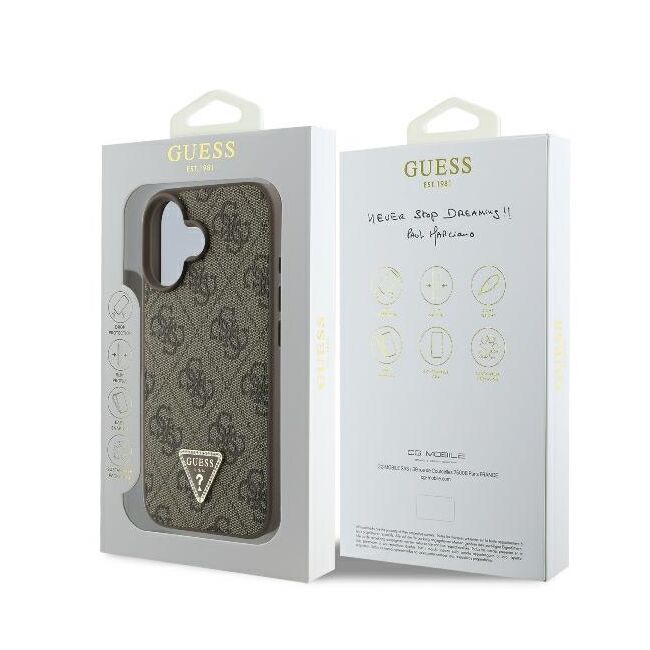 Husa pentru  iPhone 16 Plus Guess - Leather 4G Triangle Strass - maro