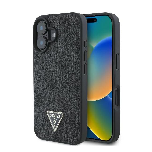 Husa pentru  iPhone 16 Plus Guess - Leather 4G Triangle Strass - negru