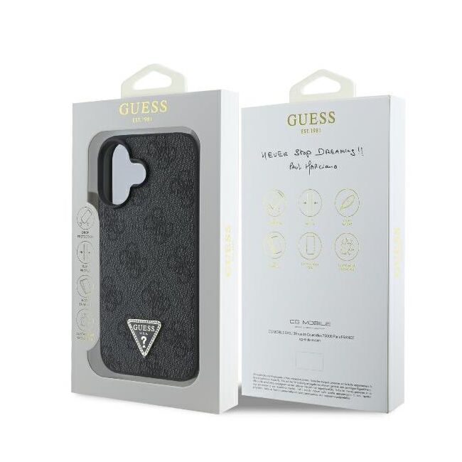 Husa pentru  iPhone 16 Plus Guess - Leather 4G Triangle Strass - negru