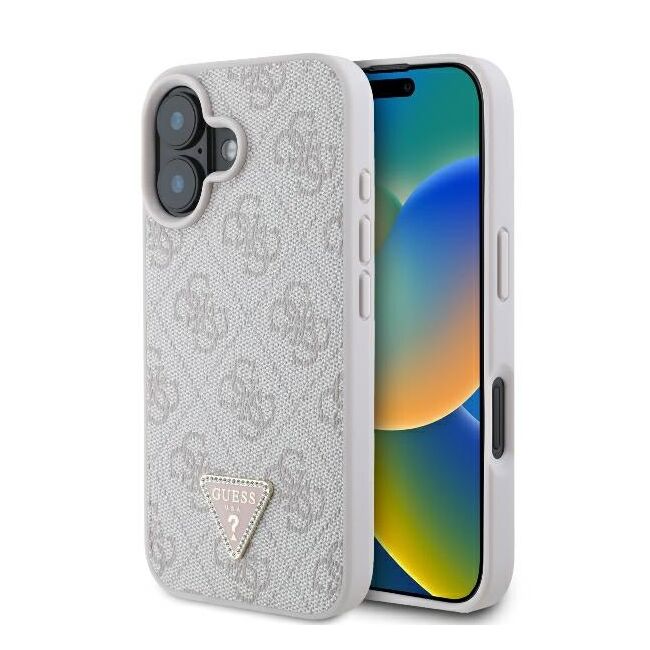 Husa pentru  iPhone 16 Plus Guess - Leather 4G Triangle Strass - roz